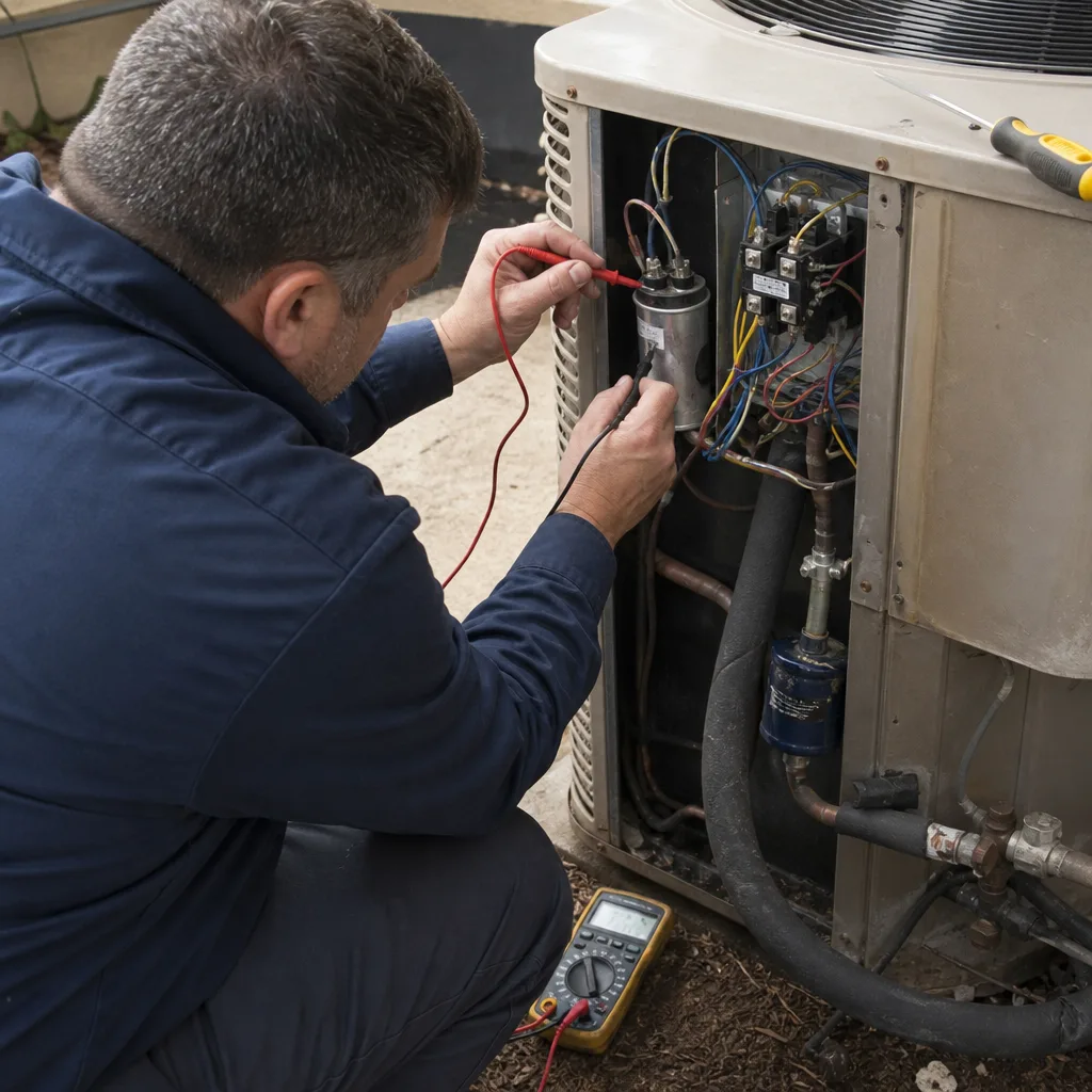 HVAC technician testing an air conditioning capacitor with a multimeter