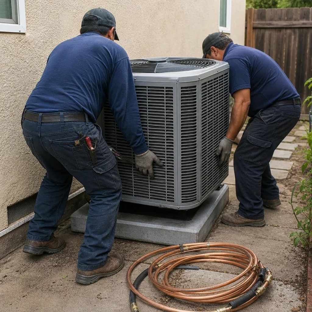 Two HVAC technicians installing an outdoor air conditioning unit