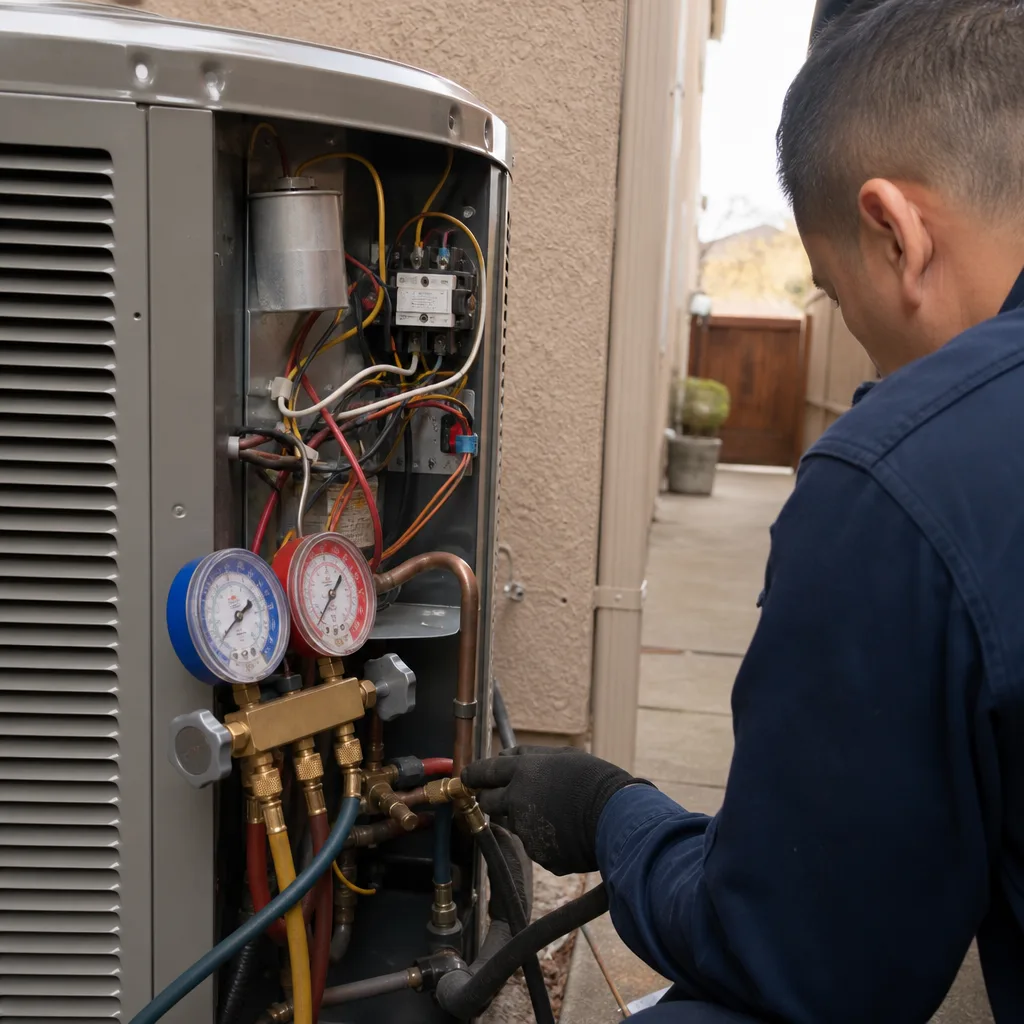 HVAC technician checking refrigerant levels in an outdoor air conditioning unit