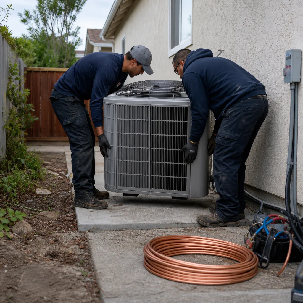 Two HVAC technicians lifting a professional air conditioning unit for installation.