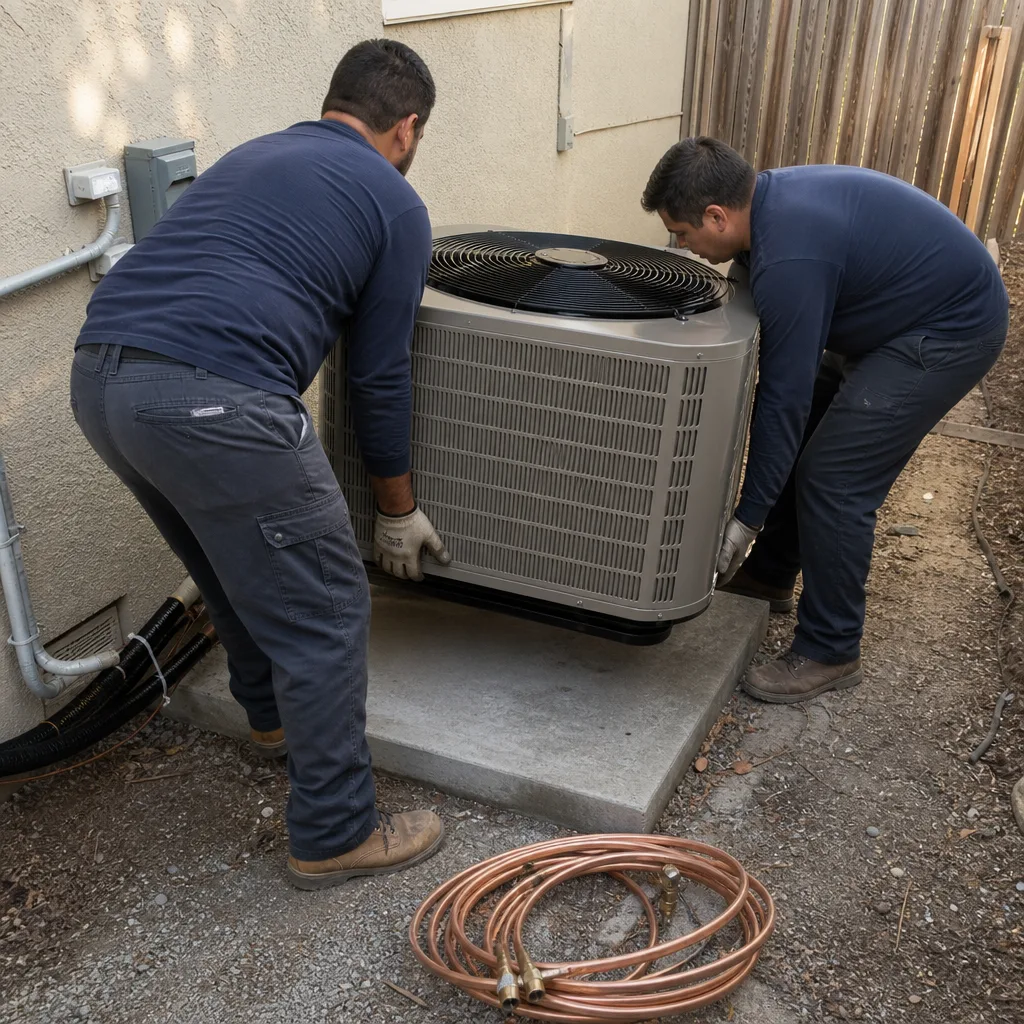 Two technicians installing an outdoor air conditioning unit