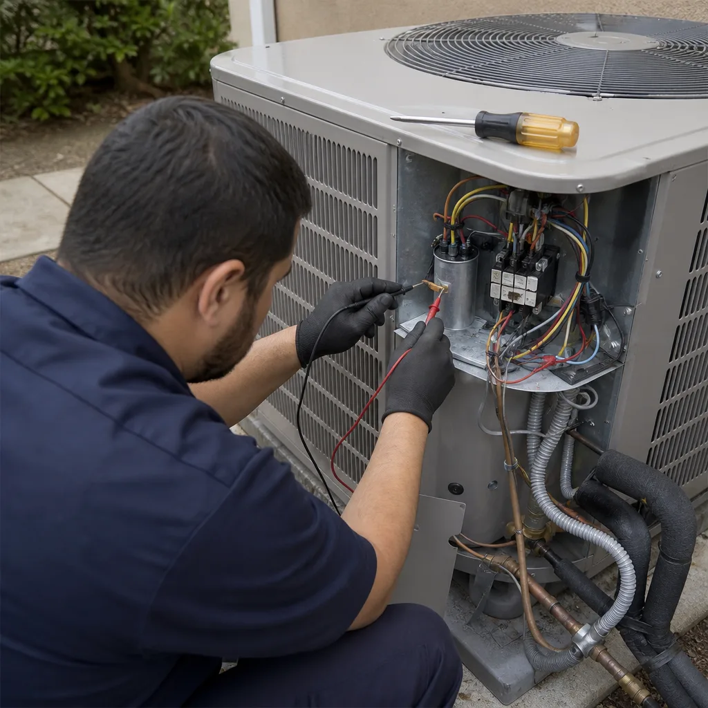 HVAC technician testing an air conditioning capacitor with a multimeter.