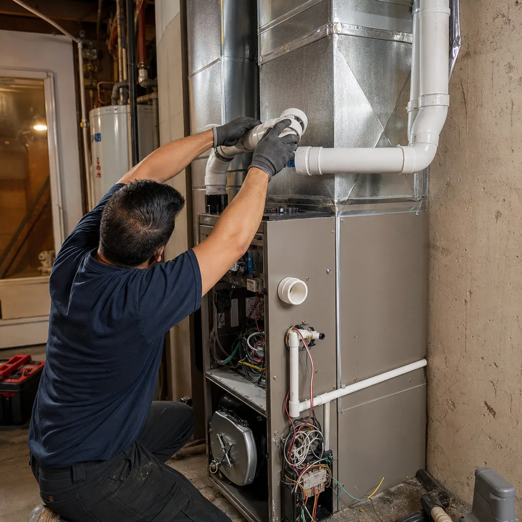 HVAC technician performing professional furnace repair on a residential heating system.