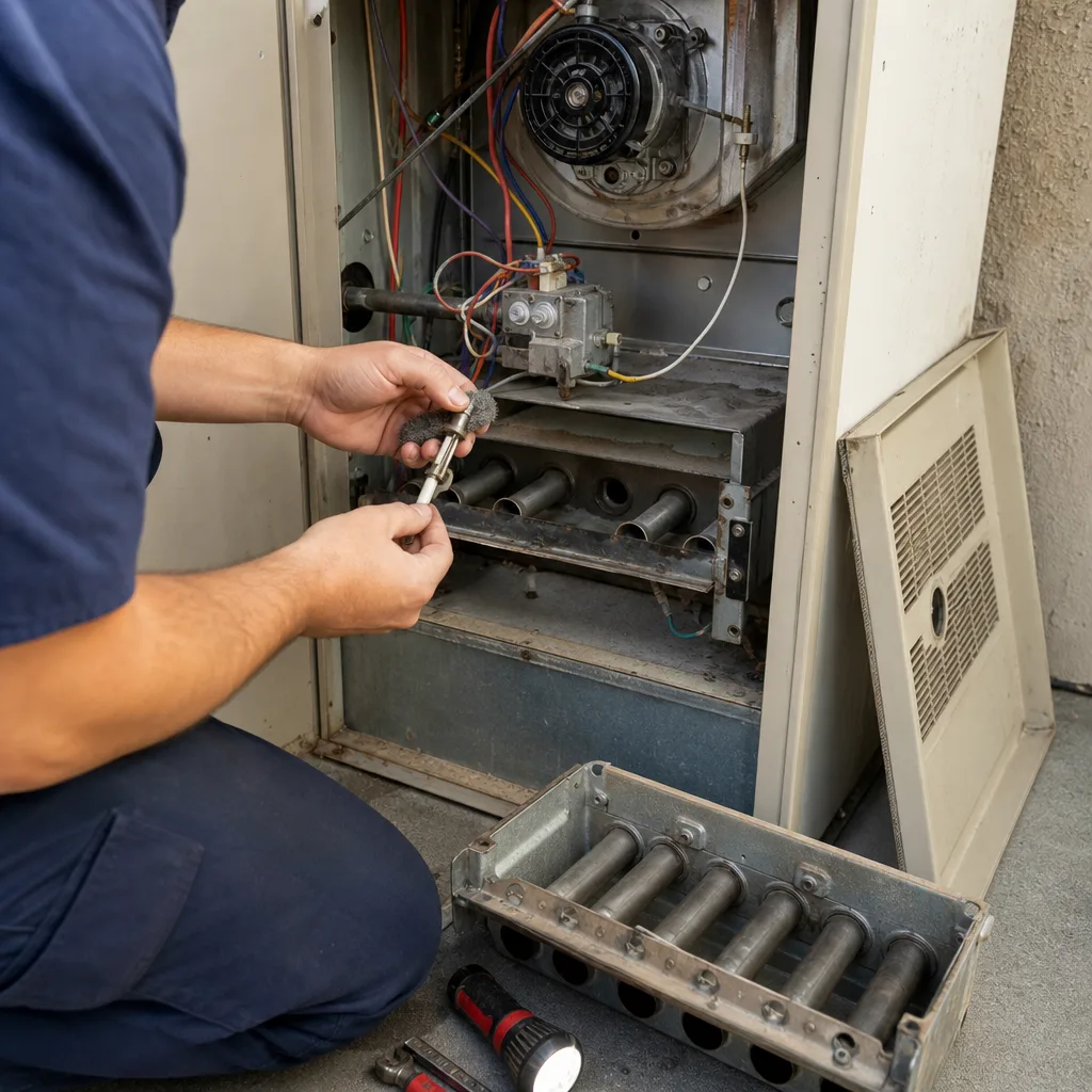 HVAC technician performing professional furnace repair and maintenance