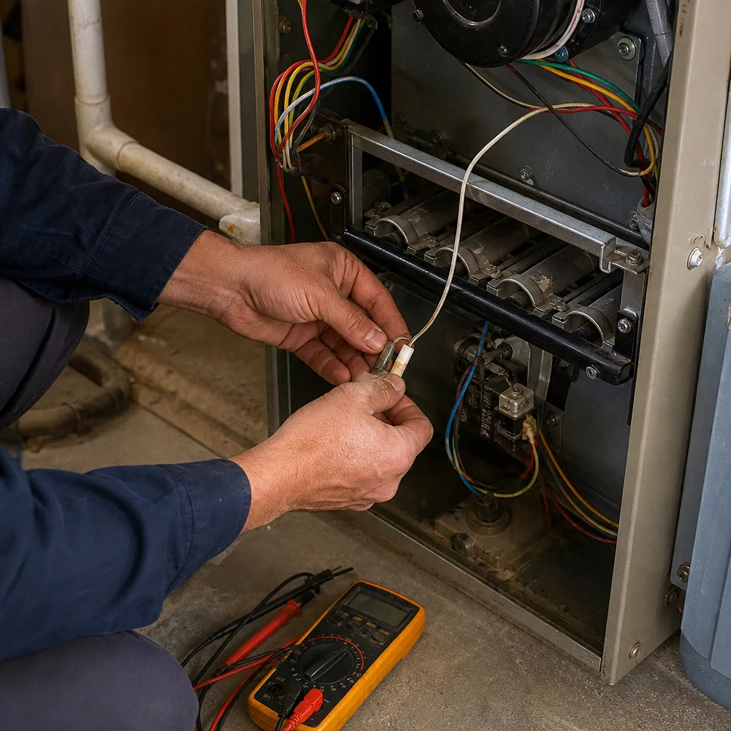HVAC technician performing professional furnace repair and electrical diagnostics